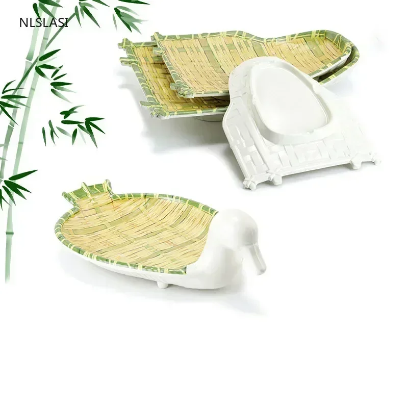 Plastic Imitation amboo woven Irregular Plate Snack Sushi Steak Plates Food Dessert Dinner Breakfast Fruit Tea Tray Tableware