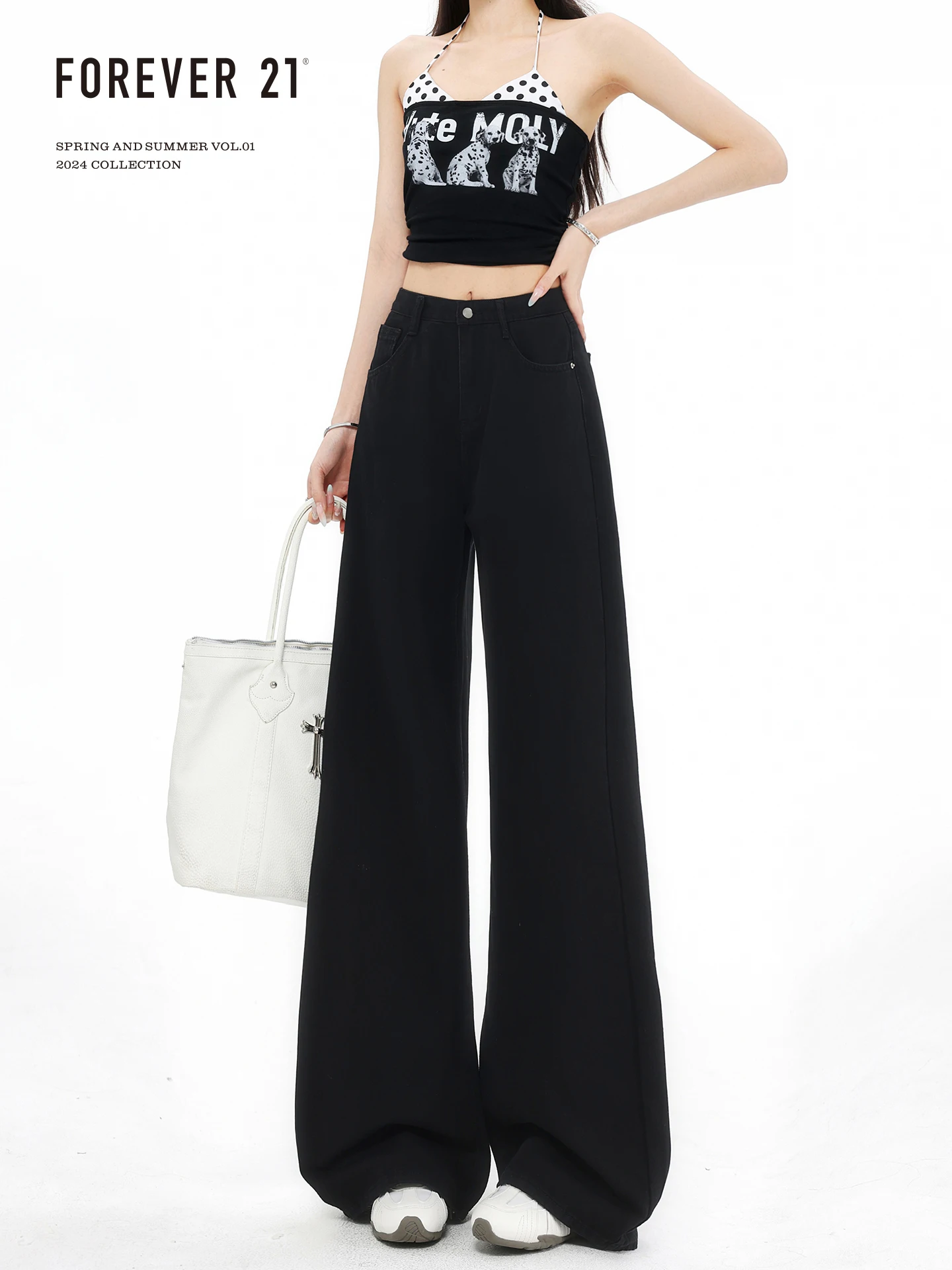 Loose Wide Leg Black Jeans Women's High Waist Drapey Straight Long Pants Pear Shape Body Forever 21 American Style Daily Wear