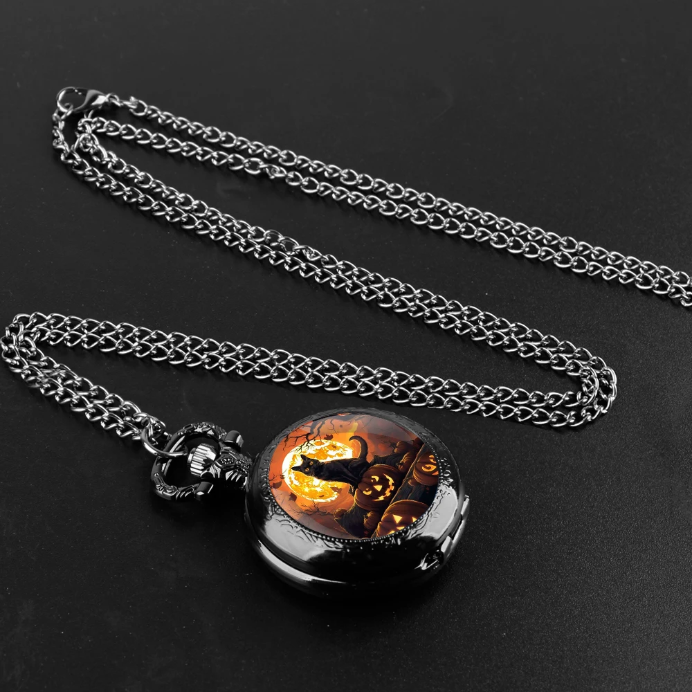 Halloween gato preto cúpula de vidro relógio de bolso de quartzo preto com mostrador de algarismos árabes e corrente durável presente retrô para homens e mulheres