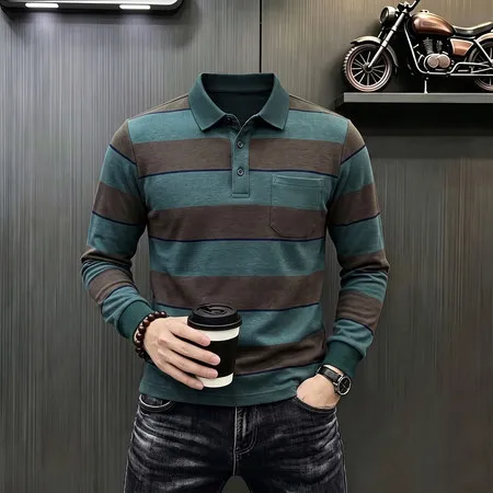 Einfaches Herren-Poloshirt mit langen Ärmeln, Kragen, Brusttasche, Knopfleiste, für Büro, Frühling, Herbst, Freizeit. – Detail 18