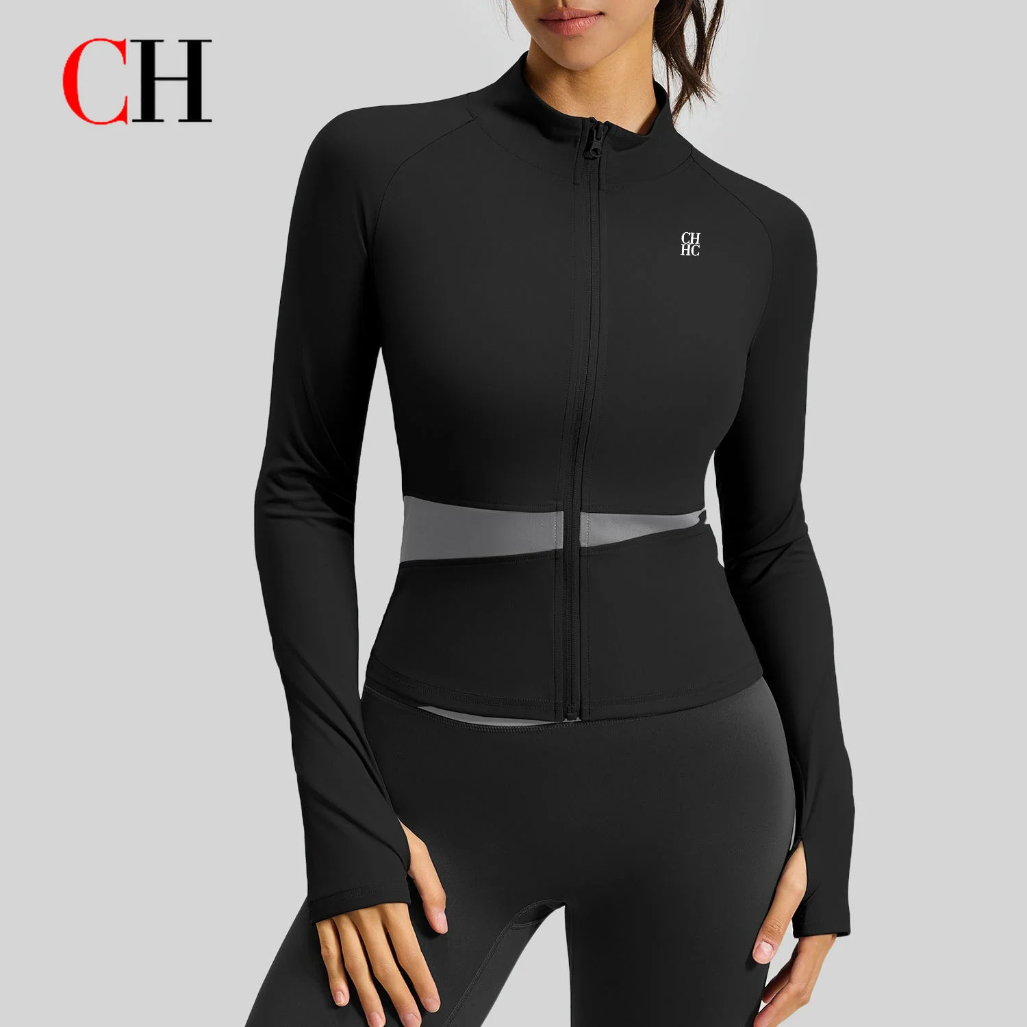 CH Women Contrast Panel Zip Up Jacket Long Sleeve Stand Collar Gym Top Yoga Fitness Running Sportswear
