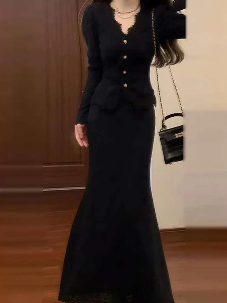 

Элегантное черное кружевное вязаное пальто Ele Bla для женщин, осенне-зимнее, новое, стильное, с длинной внутренней юбкой, V-образным вырезом, на пуговицах, приталенное