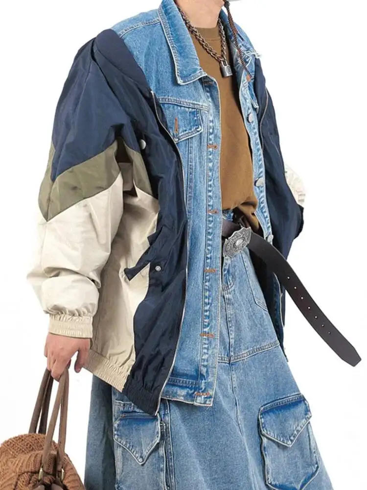 Fashion Women's Jackets Lapel Single Breasted Loose Patchwork Denim Contract Color Long Sleeve Coat Spring 2025 New 17FUVQ