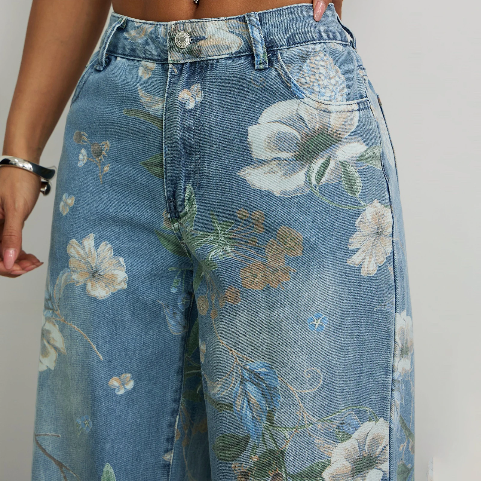 Women Washed Floral Print Denim Baggy Pants Y2K Harajuku Lightweight Low Waist Loose Casual Wide Leg Jeans Trousers 2025