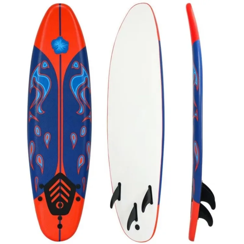 Red 6-foot surfboard with 3 detachable fins