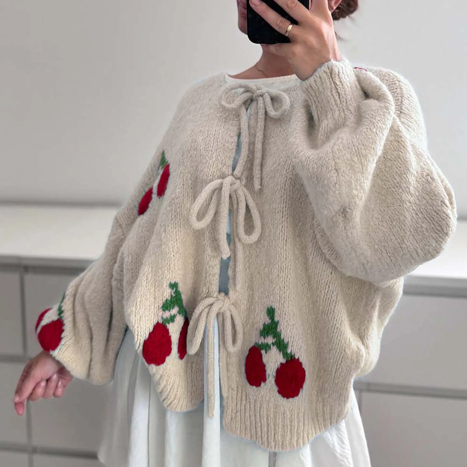 Women's Tie Front Knit Cardigan 2024 New Oversized Long SleeveLoose Sweater Cherry Pattern Cardigan Streetwear Fall Winter