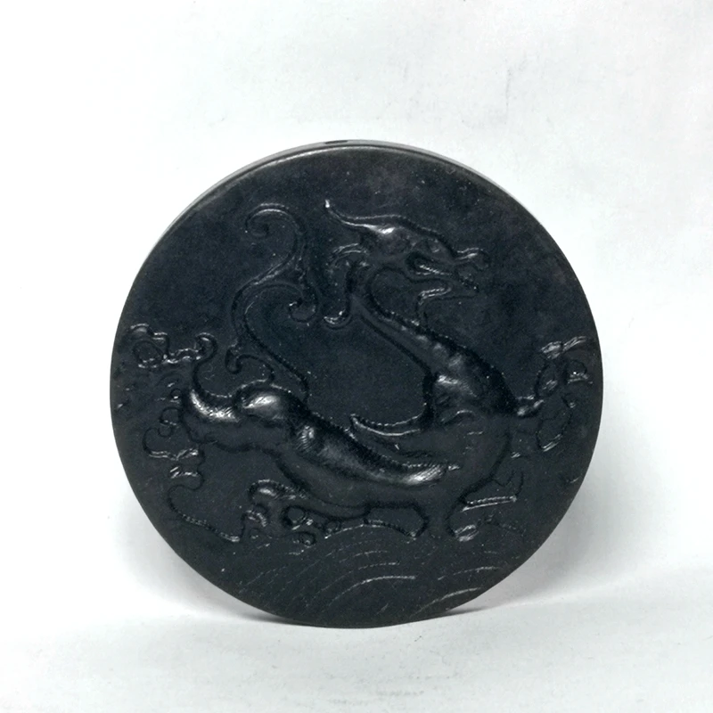 YIZHU CULTUER ART Diameter 66 mm Collection Old China Hongshan Culture Black Magnet Jade Force Dragon Pendant