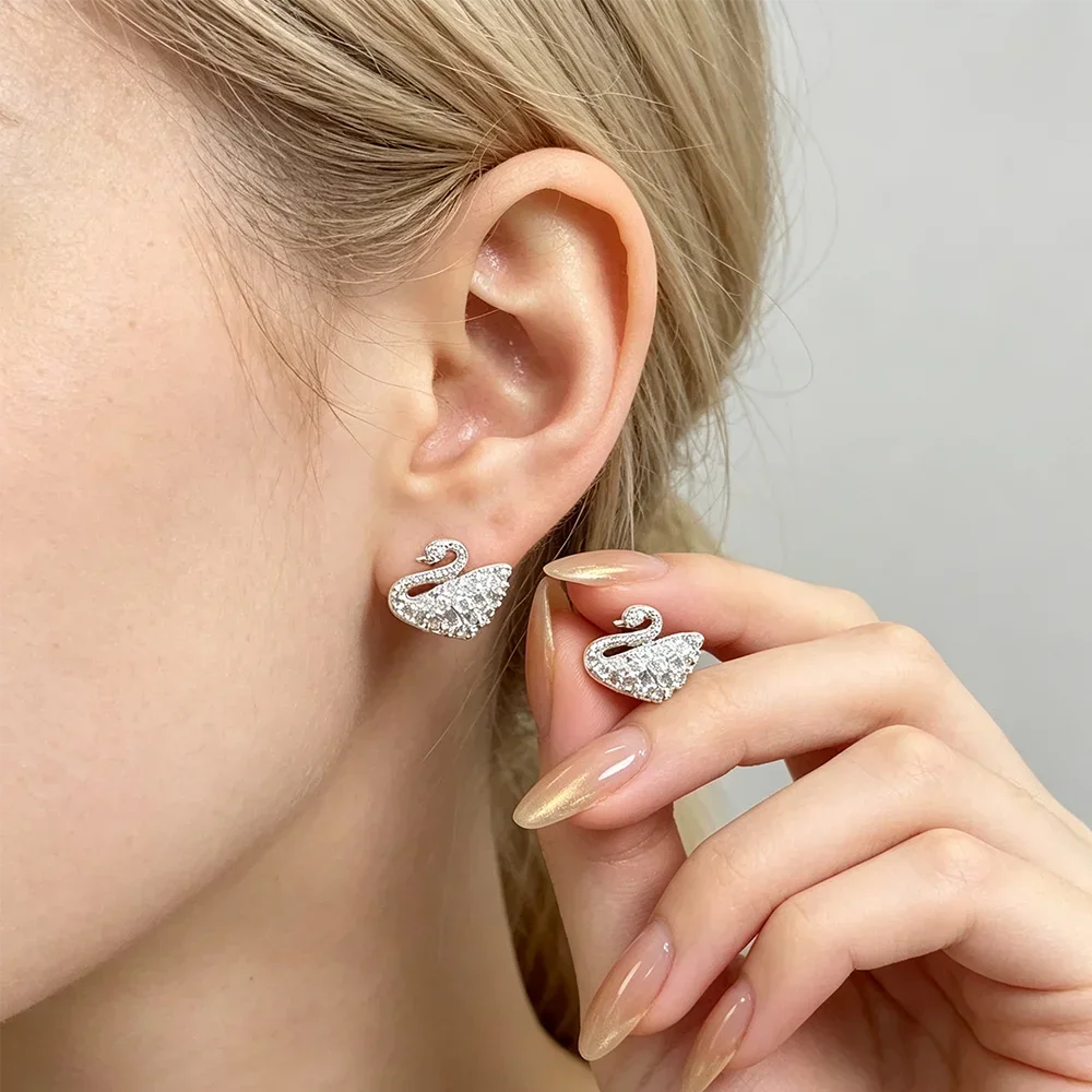 Elegant Swan Zircon Stud Earrings Ladies and Girls Dating Vacation Delicate Jewelry Anniversary Birthday Gift