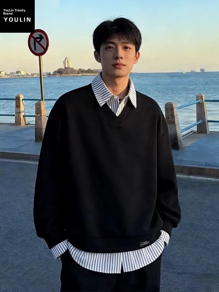 

Men's Black Fleece Lined Long Sleeve Hoodie Shirt Inner Wear Casual Comfortable Warmths Spring Autumn Winter Sweatshirt