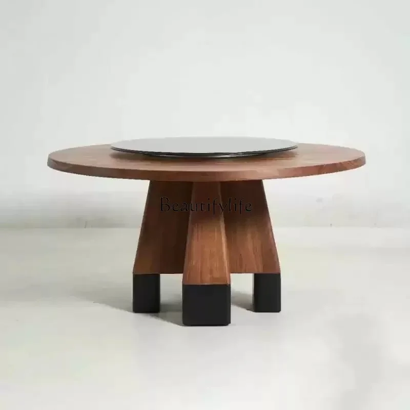 

35Medieval black walnut round dining table light luxury Nordic solid wood round dining tableL
