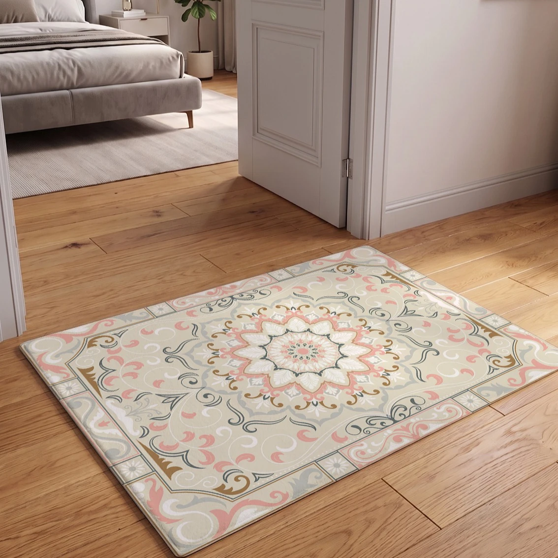 Soft Flannel Living Room Rug Beige Pink Mandala Area Rug Vintage Boho Non Slip Bedroom Carpet Large Washable Home Decor Mat