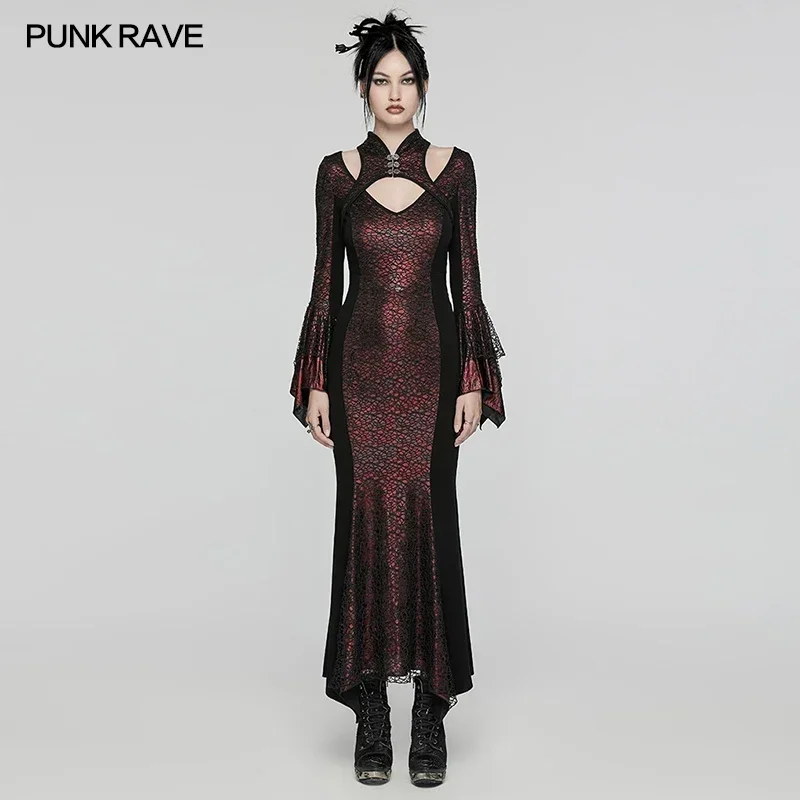 PUNK RAVE Women's Gothic New Chinese Style Large V-neck Stand Collar Dress Adjustable Drawstring Graceful Party Elegant Dresses