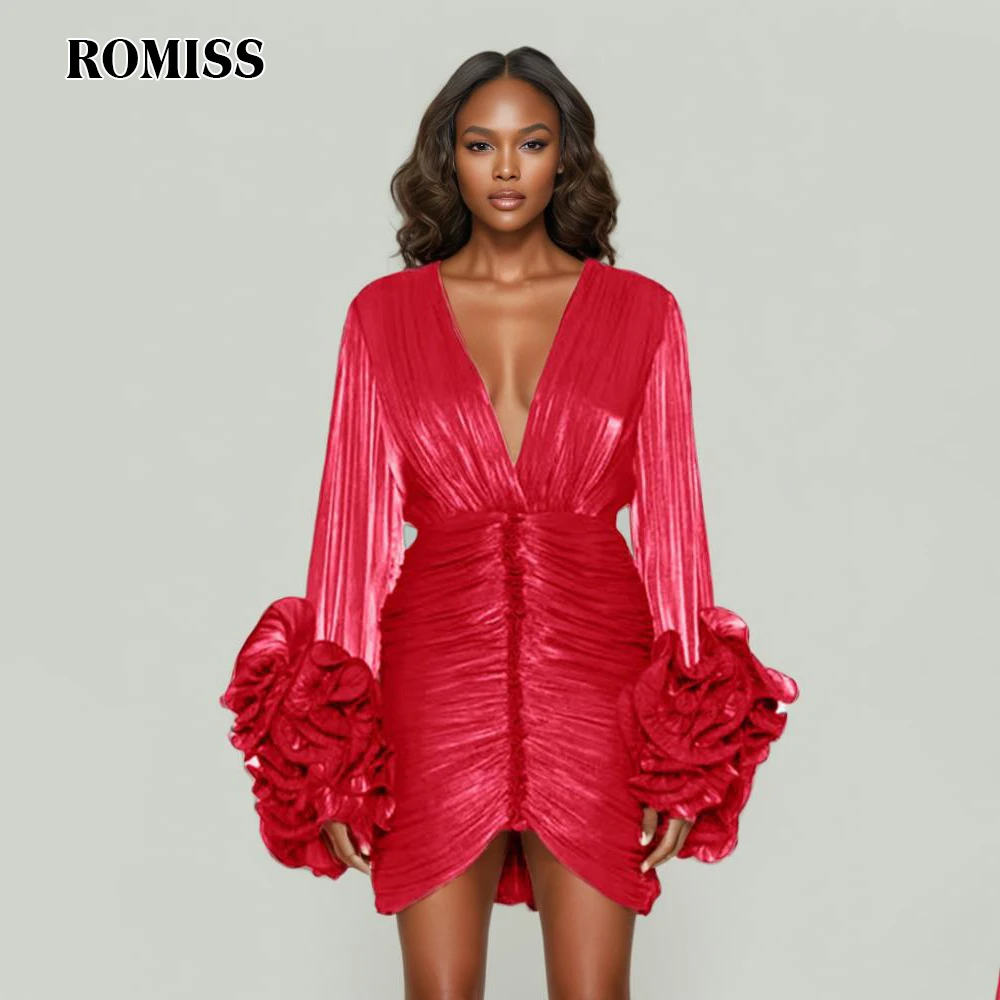 ROMISS Solid Slimming Patchwork Folds Dress For Women V Neck Long Sleeve High Waist Spliced Appliques Sexy Dresses Female