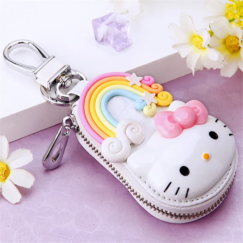 Lovely Sanrio Hello Kitty Keychain Car General Key Leather Case Keychain Protective Case Decorative Product Car Key Holder Purse