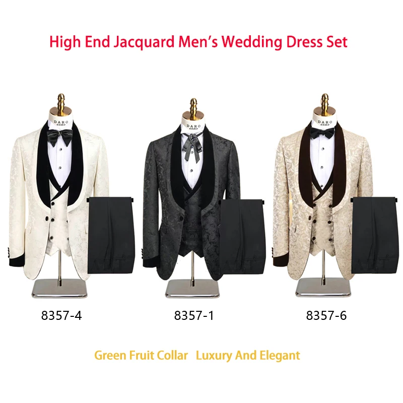 

Роскошный жаккардовый комплект свадебных костюмов цвета хаки и зеленого цвета с фруктовым воротником для мужчин, белое платье жениха из 3 предметов, элегантные мужские вечерние платья