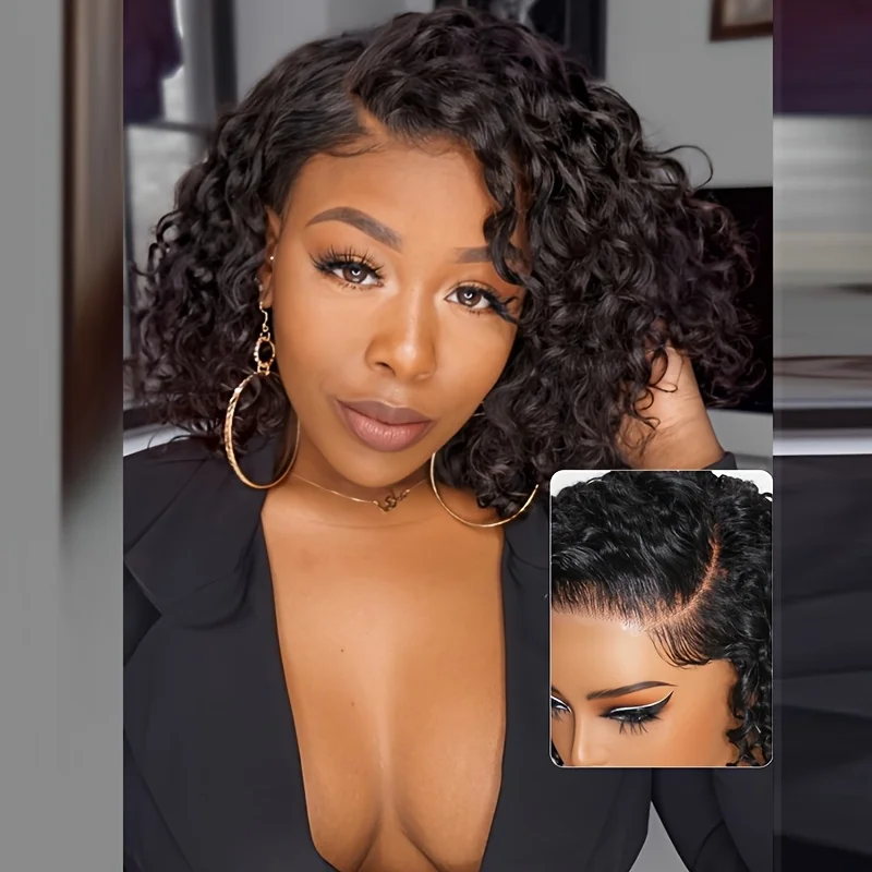 13x4 short curly bob wig, Brazilian human hair, 250% density, 8–14 inches, deep wave texture, natural black; designed for women, voluminous and curly, suitable for various occasions.