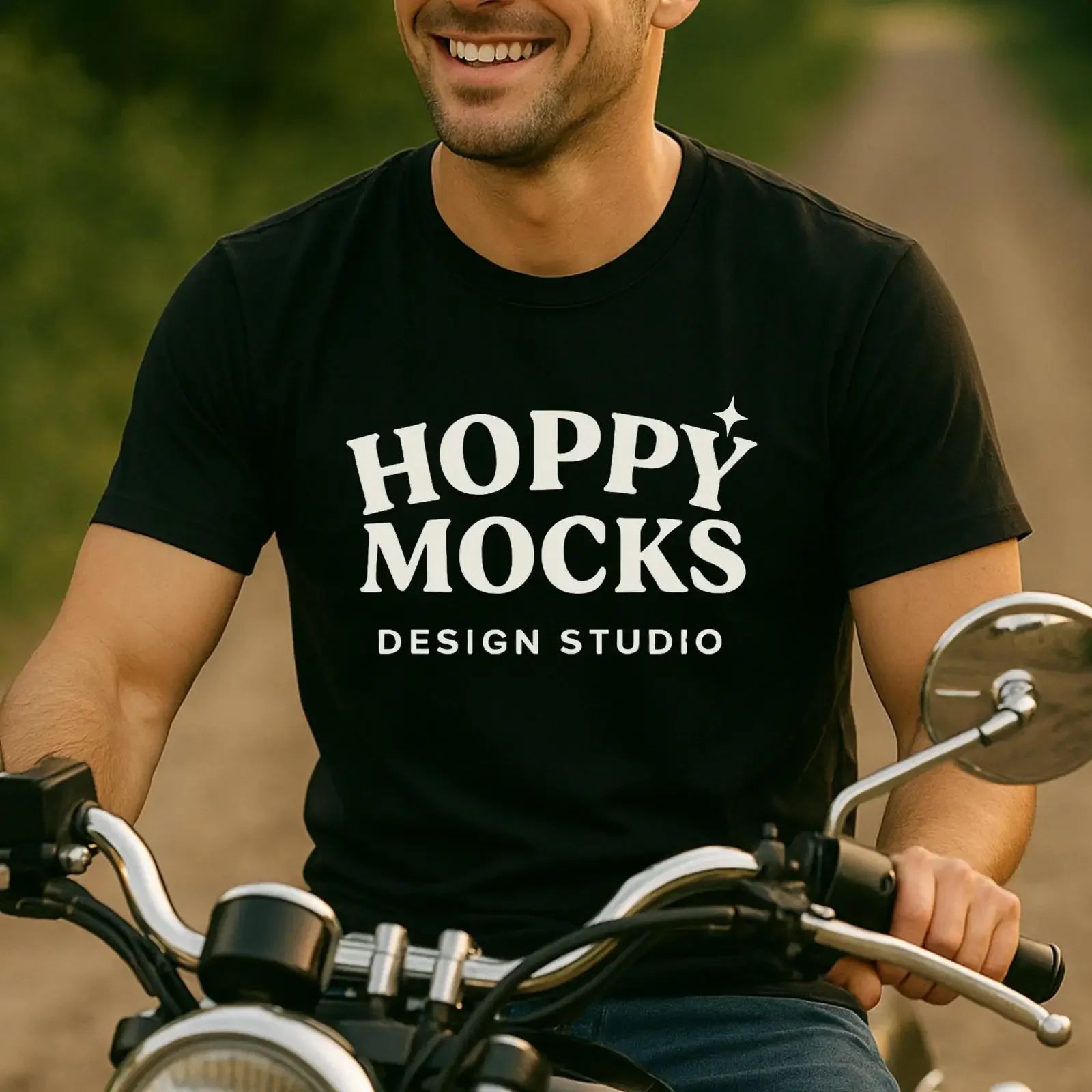 Bella Canvas 3001 Black Men s T Shirt Mockup Outdoor Lifestyle with Motorcycle BC3001 Male Model Printify POD JPG vintage Soft