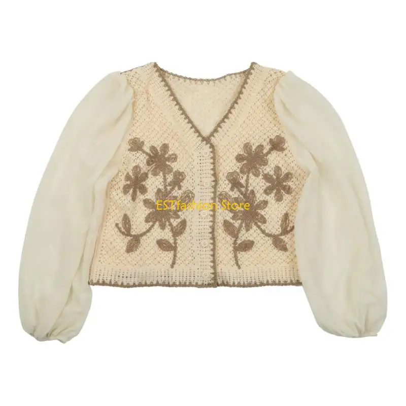 Y5GC Women Casual V-Neck Button Down Cropped Cardigan Puff Long Sleeve Elegant Embroidery Floral for Jacket Cover Up Blouse S