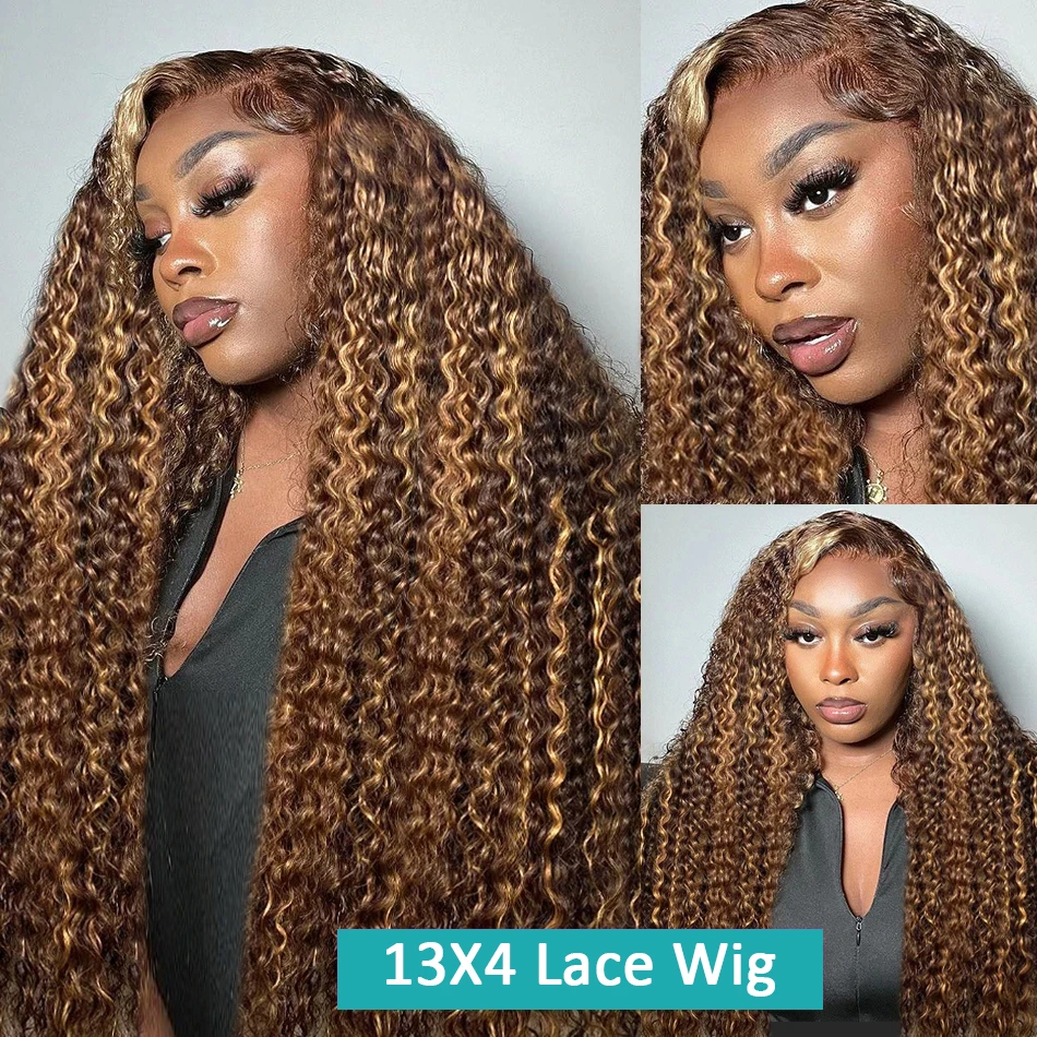 Perruque Lace Highlight Wig sans colle naturelle bouclée, cheveux humains, Deep Wave, couleur blond miel, 13x6, 13x4, HD, densité 250