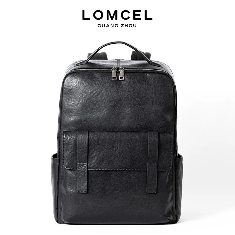 LOMCEL 3 men's genuine leather backpack, simple and fashionable, 16-inch laptop dual-shoulder bag, tanned cowhide business b