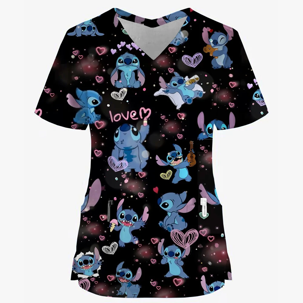 Lilo & Stitch Disney Summer Pocket New Woman T-shirts Hospital Nurse Uniform T-shirt Y2k V Neck Clothing Uniform Pocket Neck Y2k