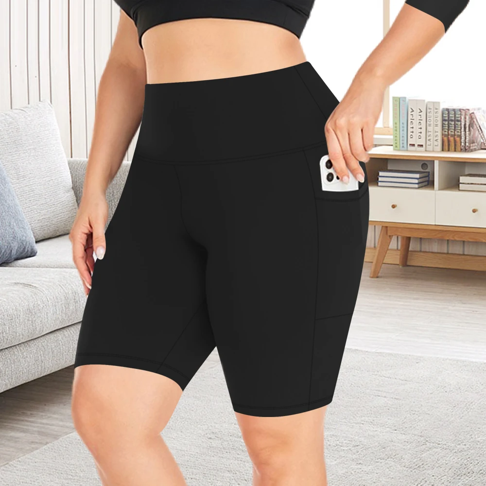 Plus-size 3 Pack High Waisted Workout Shorts For Women Yoga Biker Shorts Two Side Pockets