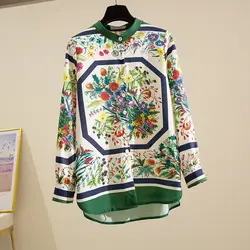 Spring Autumn Green Printed Floral Cardigan Women Patchwork Knit Thin Silk Coat Long Sleeve Single-breasted Jacket