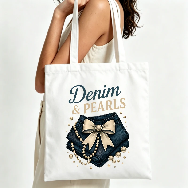 Women's denim and pearls graphic canvas tote bag, casual style for daily shopping and outings