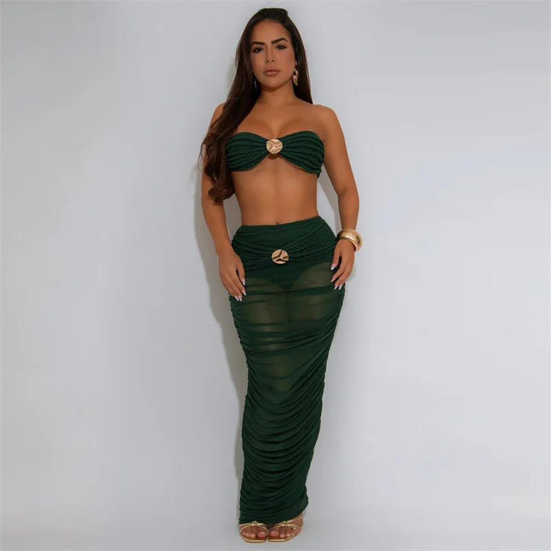 

Doyerl Прозрачная сетка Сексуальные клубные наряды Женский комплект из двух предметов на день рождения, укороченный топ без бретелек и комплекты с длинной юбкой и платьем