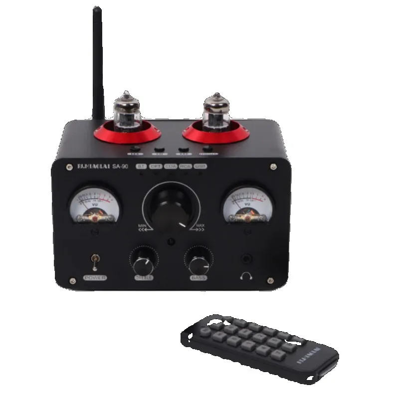 Tube amplifier bluetooth hi-fi audio player with treble/bass adjustment, usb, optical, and coaxial inputs