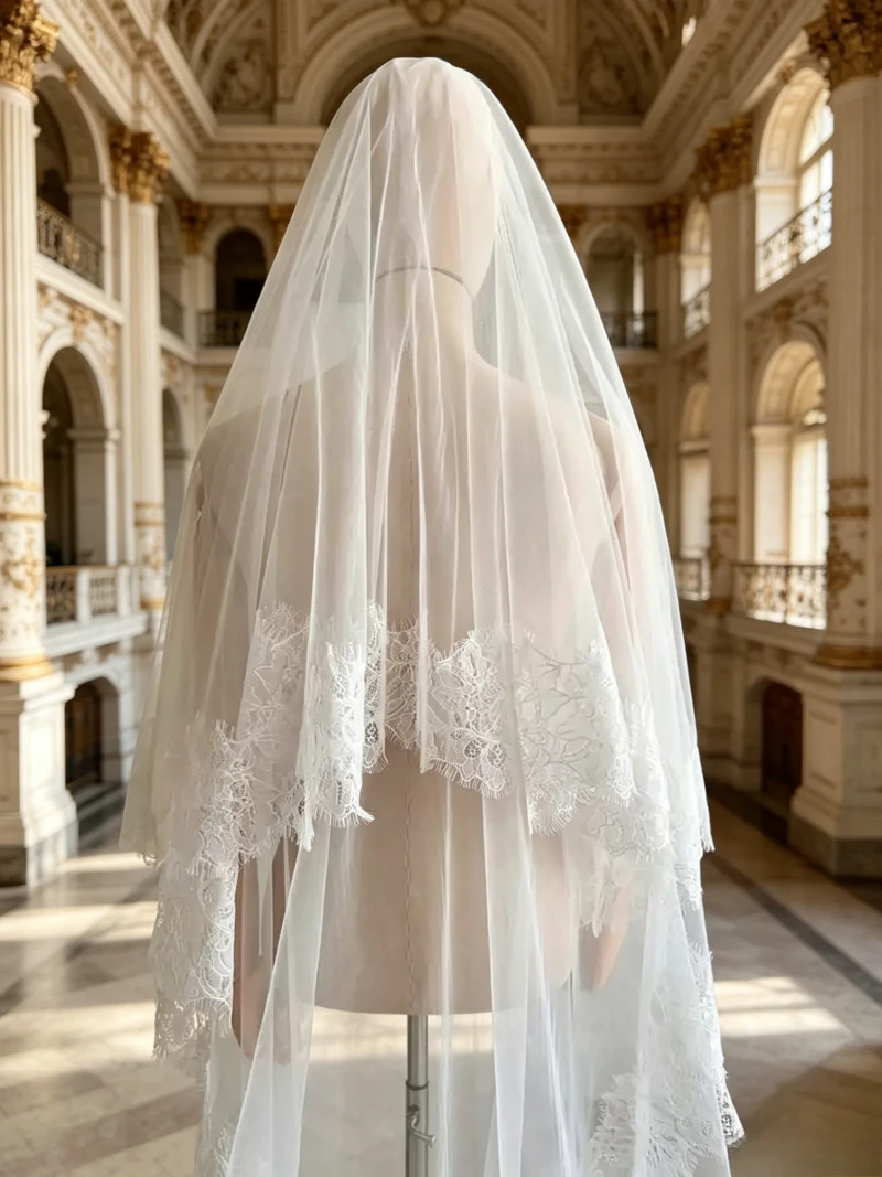 Cathedral Chantilly Lace Bridal Wedding Veil 2 Tier Veil with Blusher with Comb Spanish Mantilla Veil with Eyelash Lace Edge
