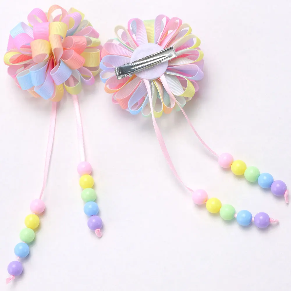 2Pcs Ribbon Hydrangea Hair Clips Long Tassels Beads Flower Hairpin For Girls Handmade Barrettes Headwear Kids Hair Accessories