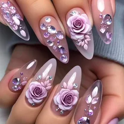 24Pcs Purple Press on Nails Flower Designs Almond Fake Nails Diamond Decor Woman Lady Wearable Manicure False Nails Tips