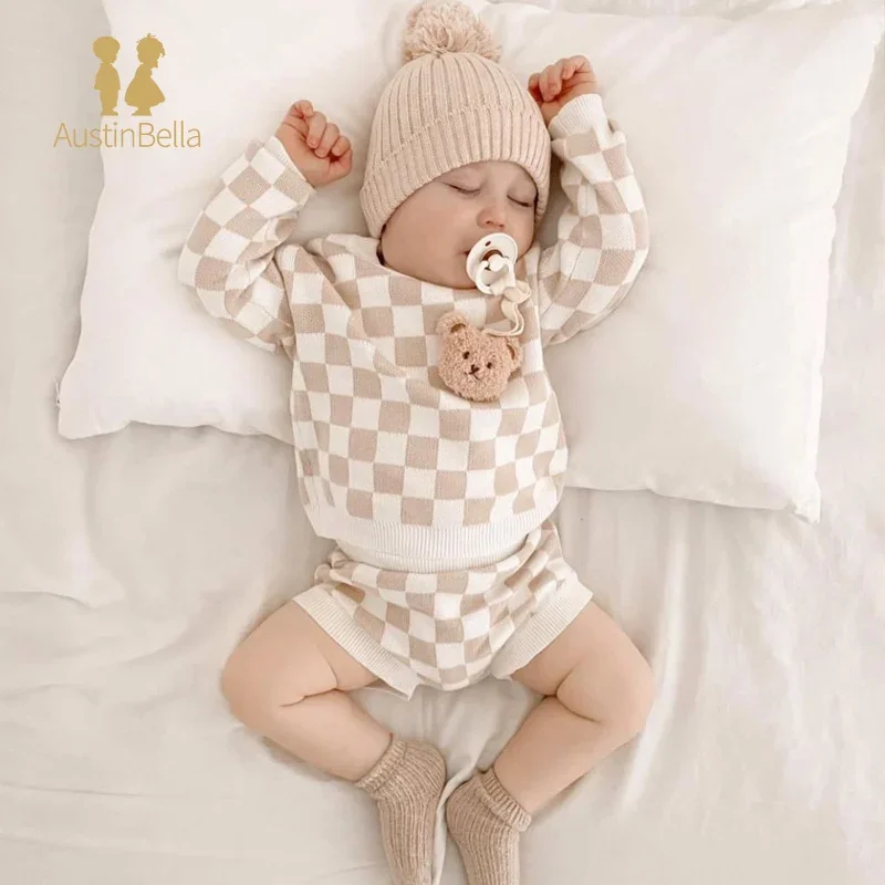 Baby Plaid Sweater Sets Boys Girls Clothes Newborn Infant Knitted Sweater and Shorts Set Toddler Wear Baby Clothes Outfit Suit