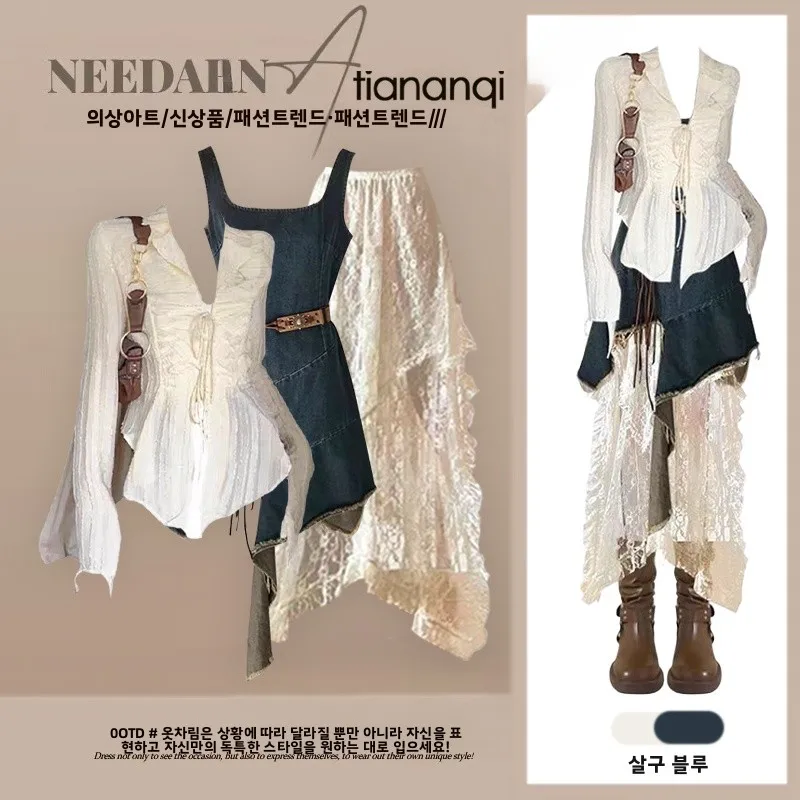 

Large Size Summer Travel Outfit Set Women's Faionable Hole T-irt Ethnic Sle Dr Lace Skirt Tee Piece Set