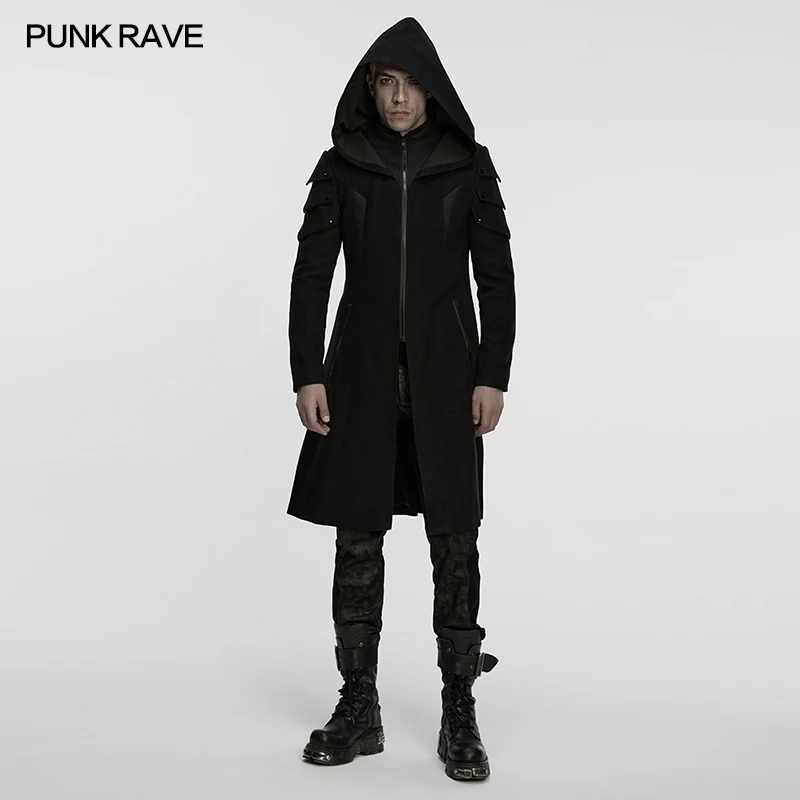 

PUNK RAVE Men's Cyberpunk Double-sided Velvet & Mesh Stand Up Hooded Jacket 3D Armor-like Shoulder Long Jackets Men Clothing