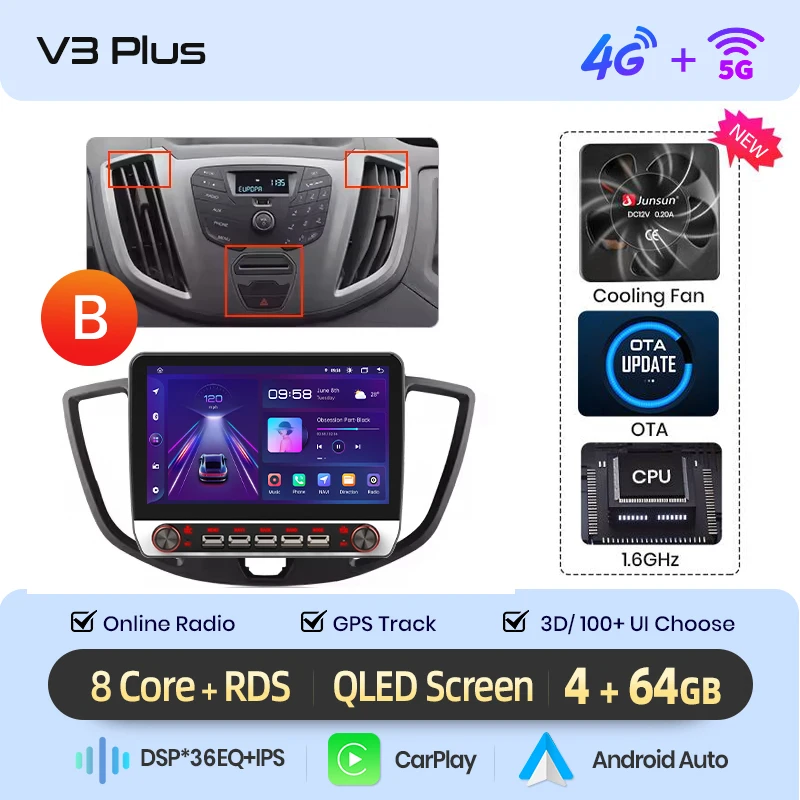 Junsun 13.1″ QLED draadloze CarPlay Android Auto autoradio voor Ford Transit Custom Tourneo 2013-2021 intelligente systemen DSP SWC
