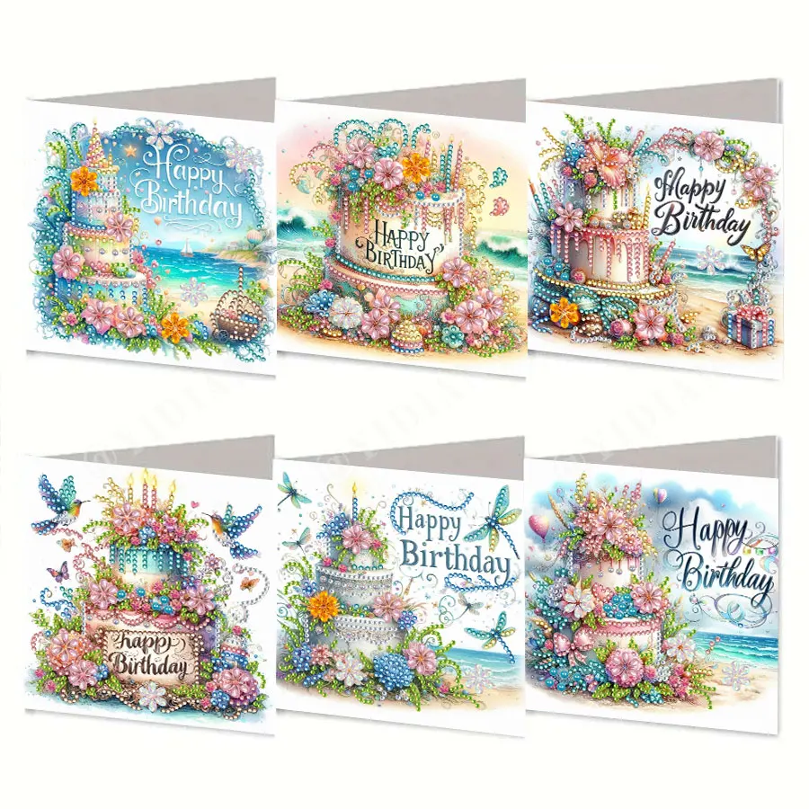 6-Piece Diamond Painting Birthday Cake Card Set - A birthday gift perfect for sending warm wishes to family and friends