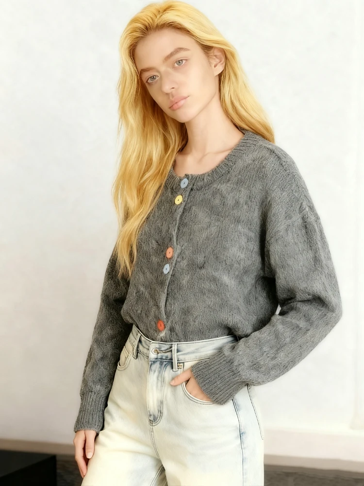 جديد أنيق متعدد الألوان زر الصوف الناعم سترة رمادي طاقم الرقبة المرأة سترة أعلى الخريف الشتاء الكورية مراجعات العديد من ملابس الفتيات