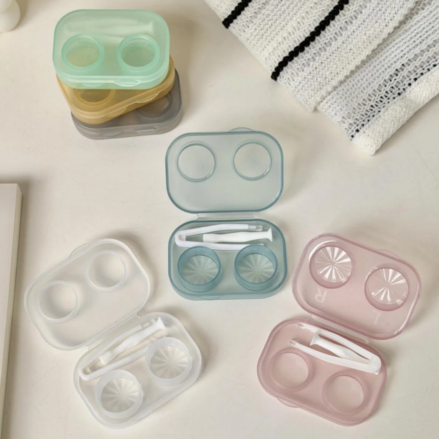 Estuche transparente para gafas de contacto, caja de almacenamiento de contactos de colores macarrón con pinzas, contenedor portátil para pupila de belleza, 3 uds.