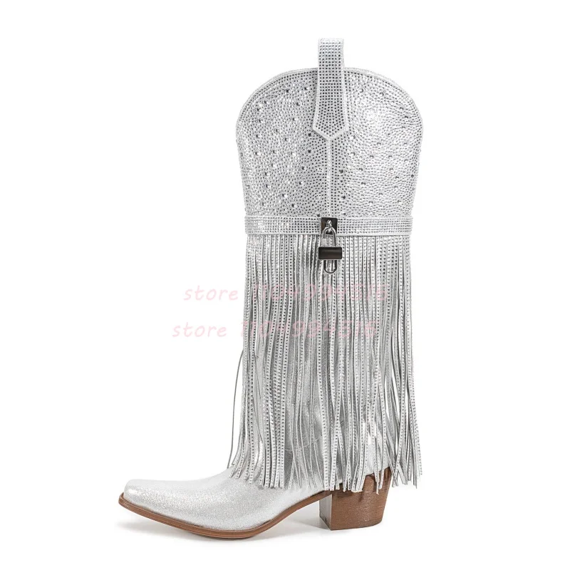 Silver Pointed Rhinestone Fringed Long Boots Metal Buckle Bling Thick Heel Sandals Women's Sexy Hot Chick Party High Heel Boots