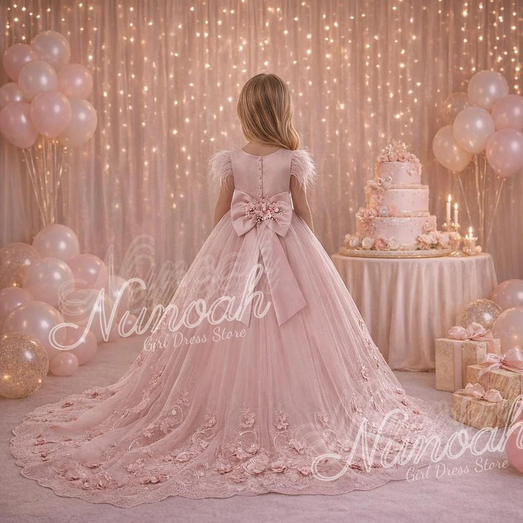 Pink Flower Girl Dresses for Wedding with Trail Feathers Lace Appliques Birthday Party Gowns First Communion Gowns Customized