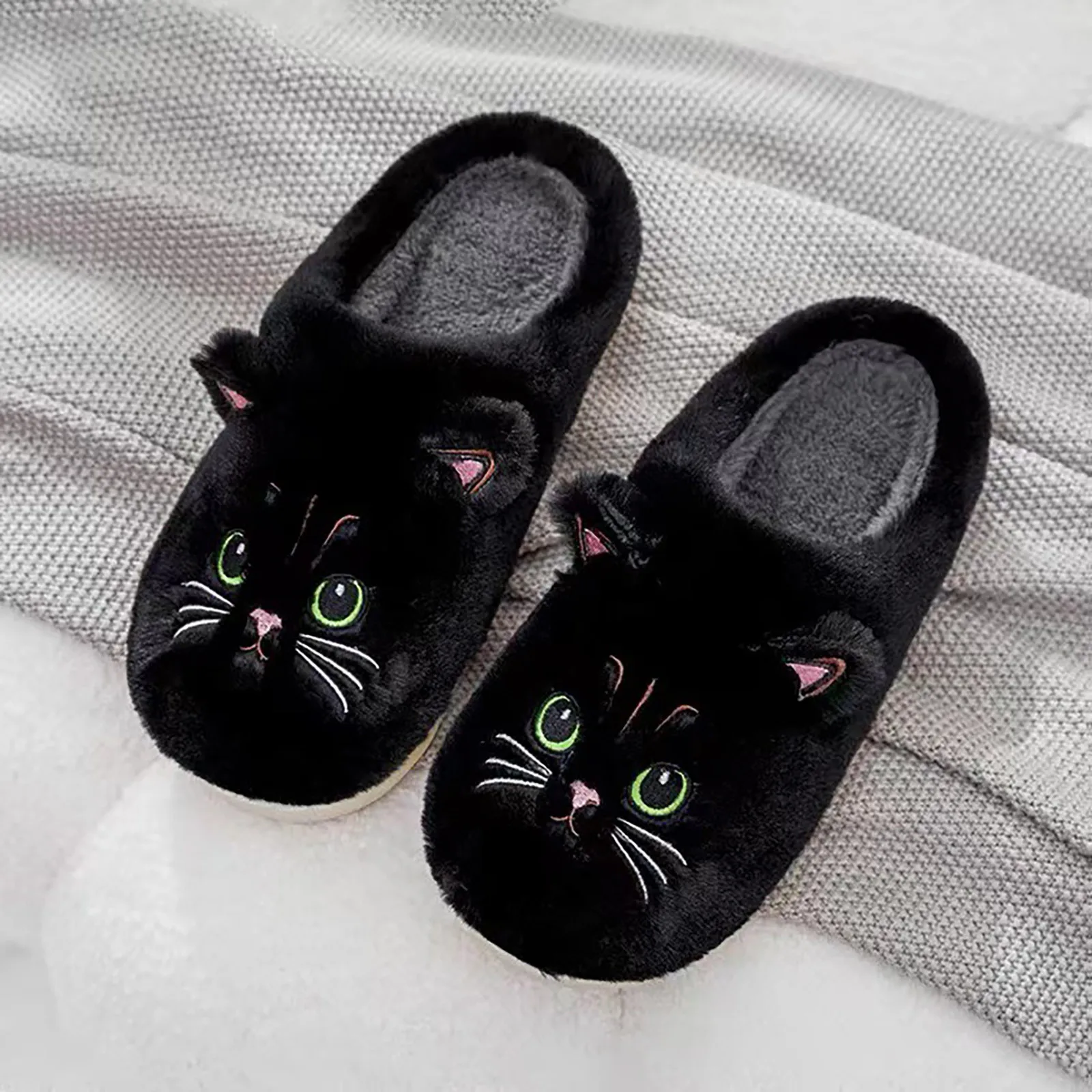 Cute Cat Slippers Fluffy Furry Women Home Platform Slippers Men Winter Plush Slides Indoor Fuzzy Slippers Lovely Cotton Shoes