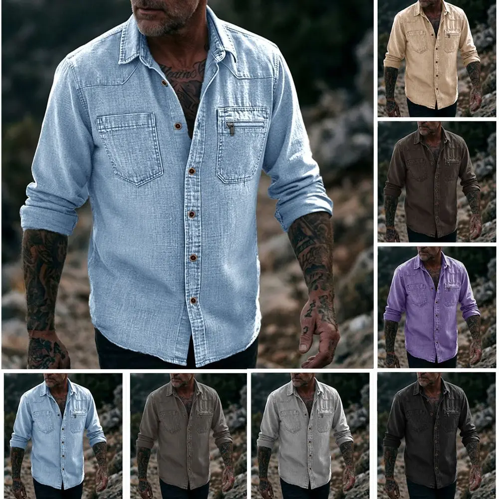 

Men'S Autumn Fashion Clothing Casual Fashion Long Sleeve Lapel Shirts Solid Color Denim Washed Shirt Men'S Tops 2026