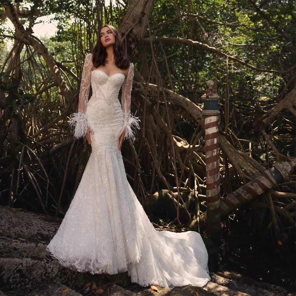 

Customized New Elegant Mermaid Pearl Jewelry Women's Wedding Dress With Detachable Long Sleeved Backless V-Neck Sexy Bridal Gown