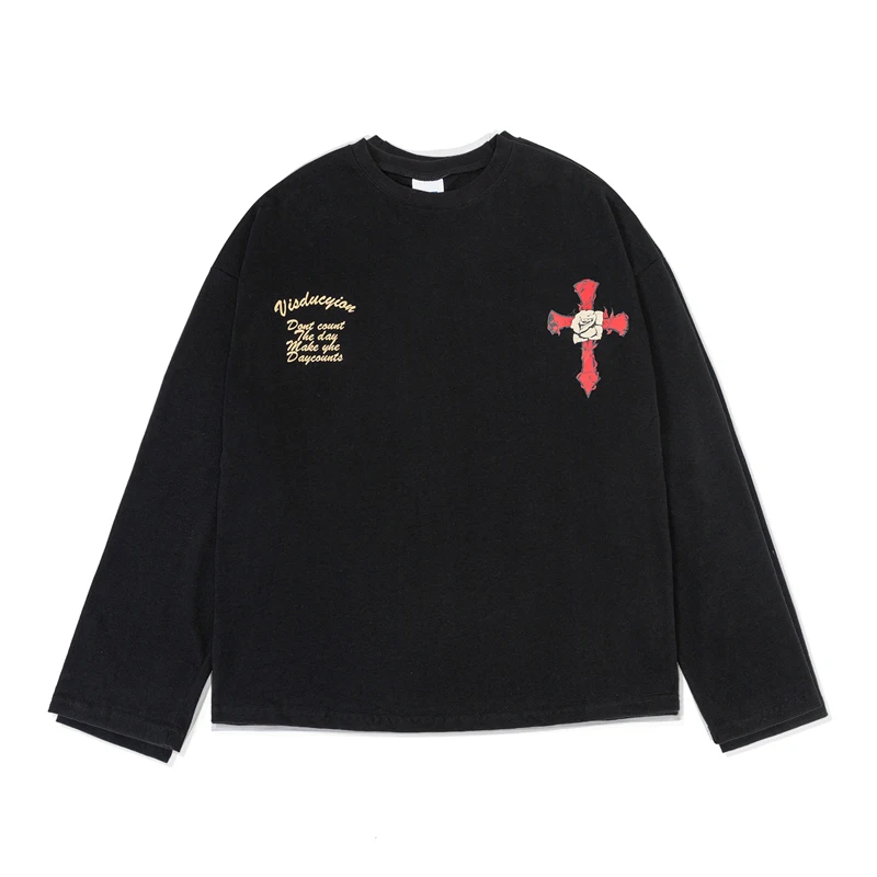 Men Autumn Long Sleeve T-Shirt Cross Rose Print Pull on Crew Neck Casual Streetwear Hip Hop Vintage Tee Shirt Oversized Tops Y2k
