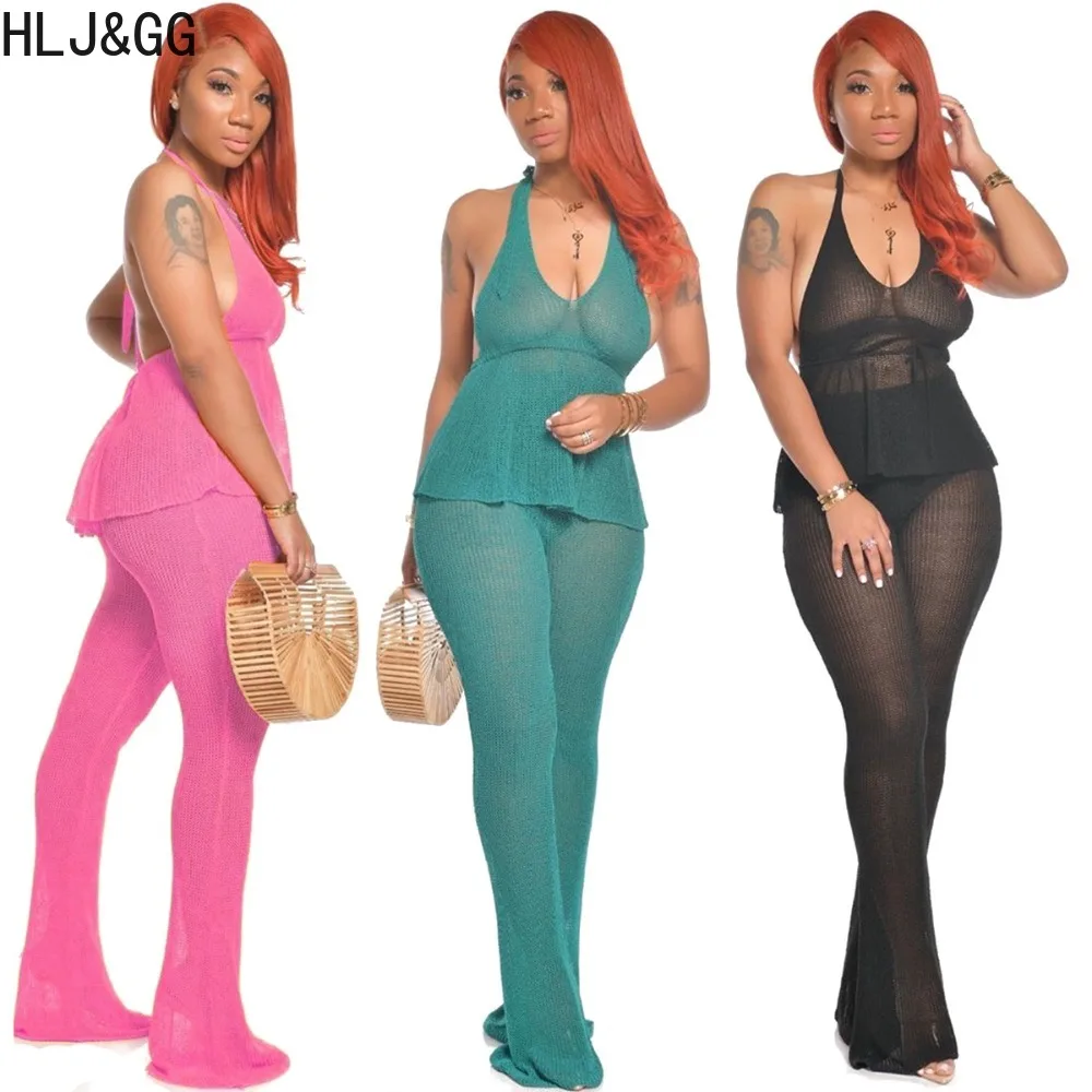 HLJ&GG Sexy Solid Ribber Perspective Two Piece Sets Women Halter Lace Up Slim Top + Flared Pants Outfits Fashion 2pcs Streetwear