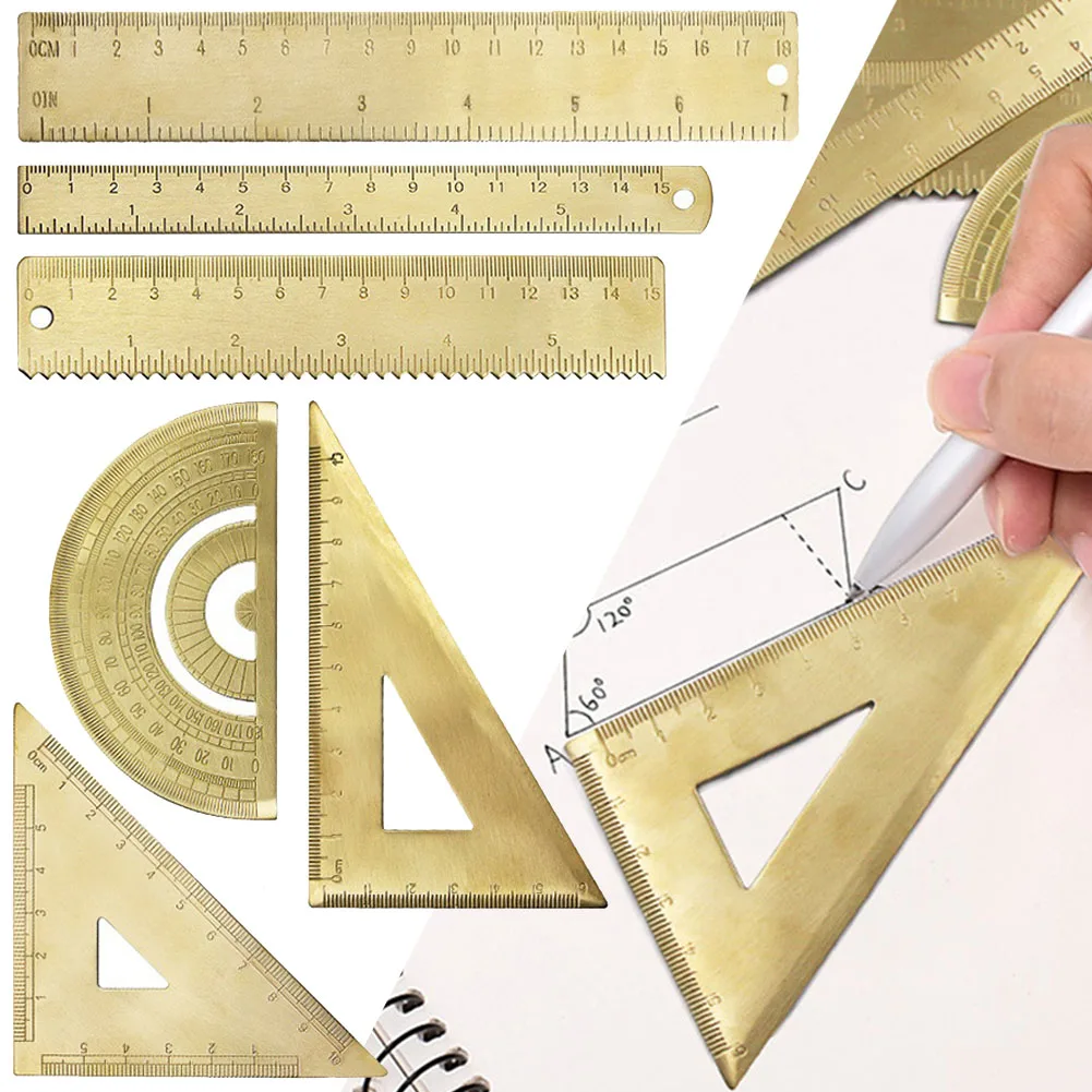 Mini Retro Brass Ruler Triangle Ruler Protractor Measure Tools Cartography Ruler Geometric Metal Drawing Kit Bookmark Stationery