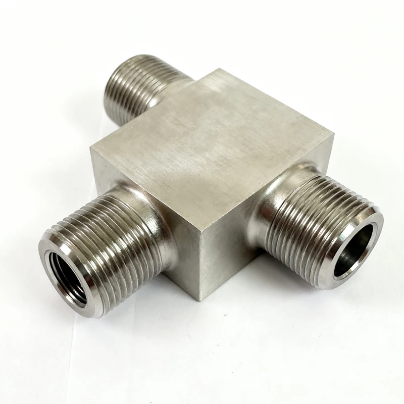 Custom CNC Machined Stainless Steel 3-Way Pipe Fitting External Thread Square T Type Hydraulic Connector
