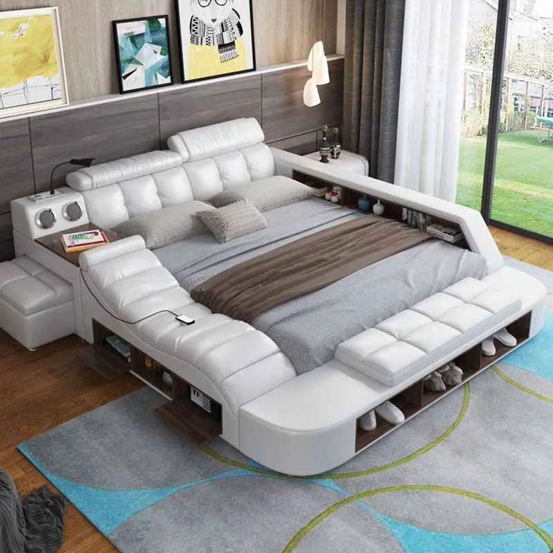 

Nordic Style Double Bed Cheap Headrest Storage Full Size Double Bed Floor Massage Sleeping Letto Multifunzione Bedroom Furniture